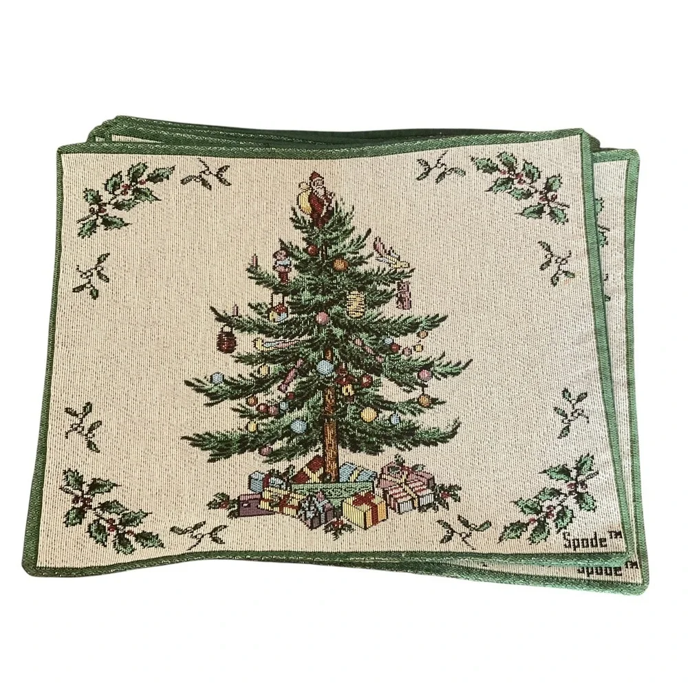 Spode Christmas Tree Tapestry Placemats Scene Weaver Made in USA Set of 4 Green